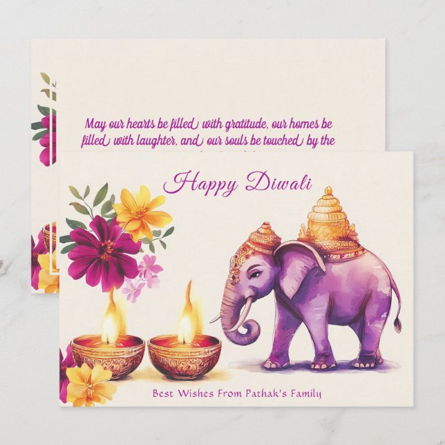 Cartes Pour Fêtes Annuelles Texte personnalisé, Diwali Elephant Grace (Devant / Derrière)