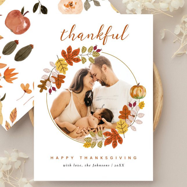 Cartes Pour Fêtes Annuelles Thankful Script Fall Botanicals Photo Thanksgiving (Créateur téléchargé)