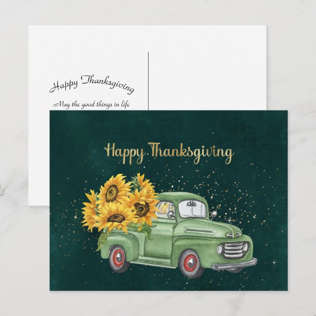Cartes Pour Fêtes Annuelles Thankgiving Green Truck Sunflowers Business (Devant / Derrière)