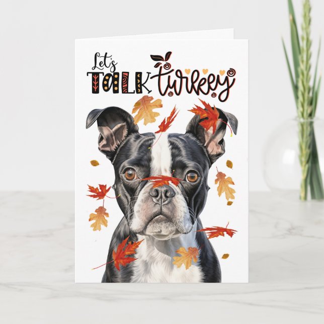 Cartes Pour Fêtes Annuelles Thanksgiving Boston Terrier Dog Parlons Turquie (Devant)
