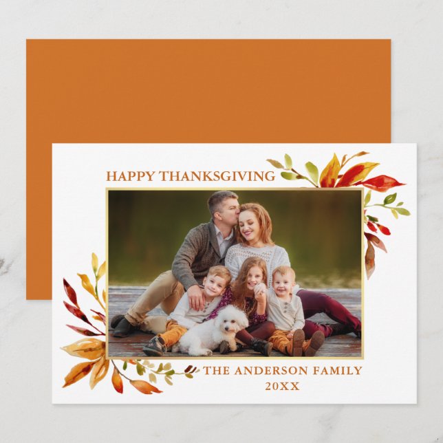 Cartes Pour Fêtes Annuelles Thanksgiving Elegant Aquarelle Feuilles d'automne (Devant / Derrière)