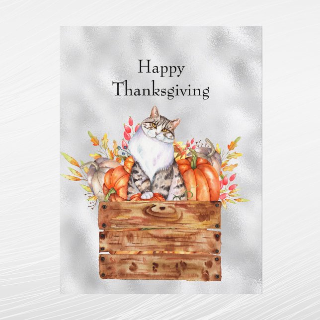 Cartes Pour Fêtes Annuelles Thanksgiving Orange Chat Citrouille Floral (Créateur téléchargé)