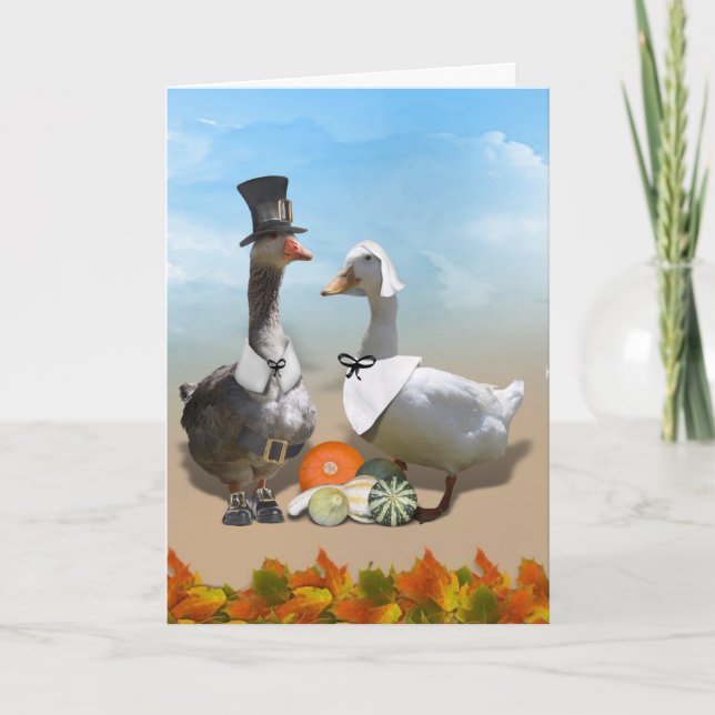 Cartes Pour Fêtes Annuelles Thanksgiving Pilgrim Canard Couple (Devant)