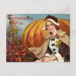 Cartes Pour Fêtes Annuelles Thanksgiving Pilgrim Girl With Pumpkin