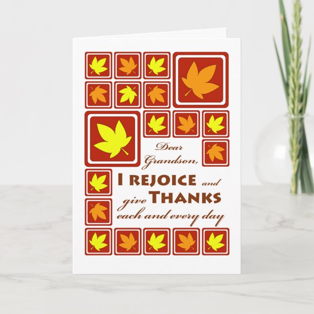 Cartes Pour Fêtes Annuelles Thanksgiving pour Grandson, Carreaux feuilles d'au (Devant)
