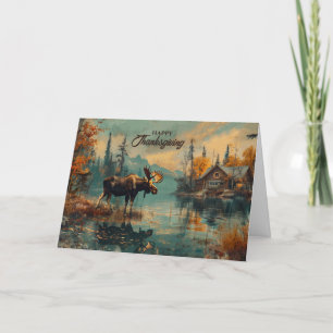 Cartes Pour Fêtes Annuelles Thanksgiving Vintage Moose Lake Cabine automne