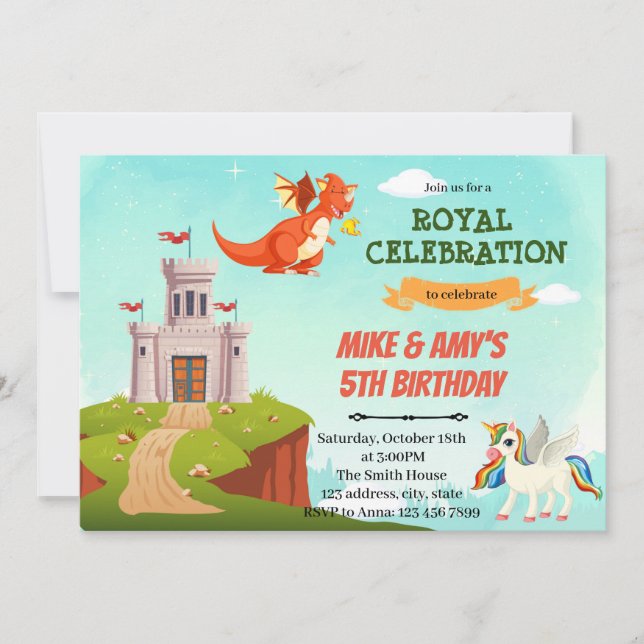 Cartes Pour Fêtes Annuelles Thème d'anniversaire dragon et licorne (Devant)