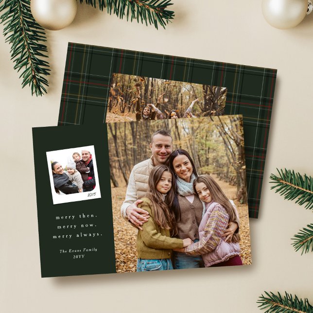 Cartes Pour Fêtes Annuelles Then and now photos green plaid Merry Christmas (Créateur téléchargé)