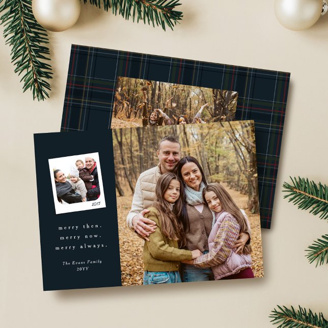 Cartes Pour Fêtes Annuelles Then and now photos navy plaid Merry Christmas (Créateur téléchargé)