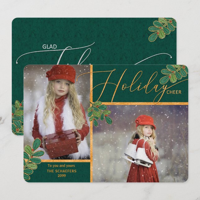 Cartes Pour Fêtes Annuelles Tidings Glad Green et Gold Holly 2 Photo (Devant / Derrière)