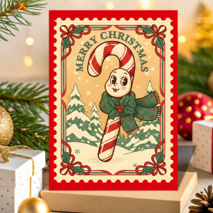 Cartes Pour Fêtes Annuelles Timbre de Noël au bonbon rétro en forme de canne
