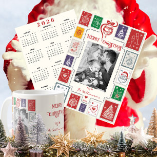 Cartes Pour Fêtes Annuelles Timbre Retro Whimsical Photo de vacances 2026 Cale