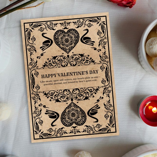 Cartes Pour Fêtes Annuelles Timeless Black Ornate Swan Mandala Heart  (Framed in mandala hearts and floral scrolls, this card whispers of unity and eternal love.)