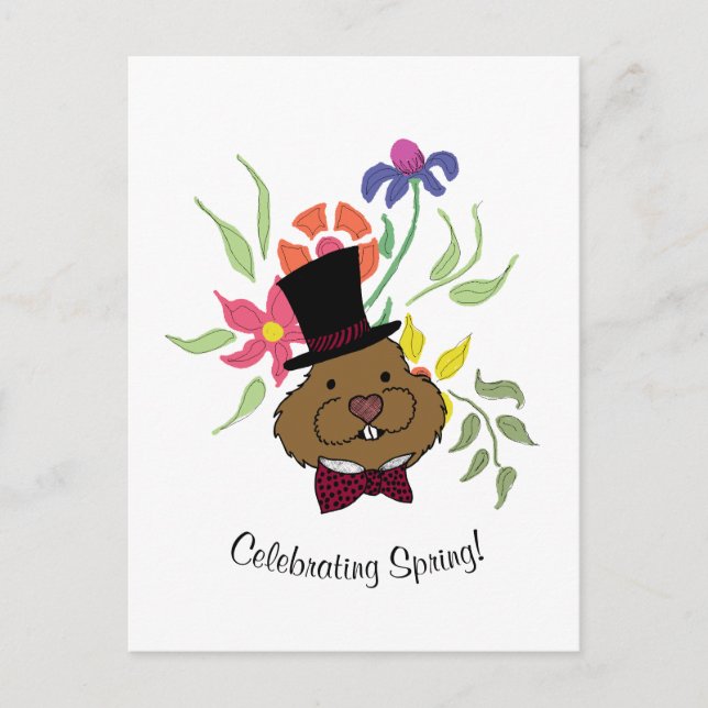 Cartes Pour Fêtes Annuelles Top Hat Bow Cravate Printemps Fleurs Groundhog (Devant)