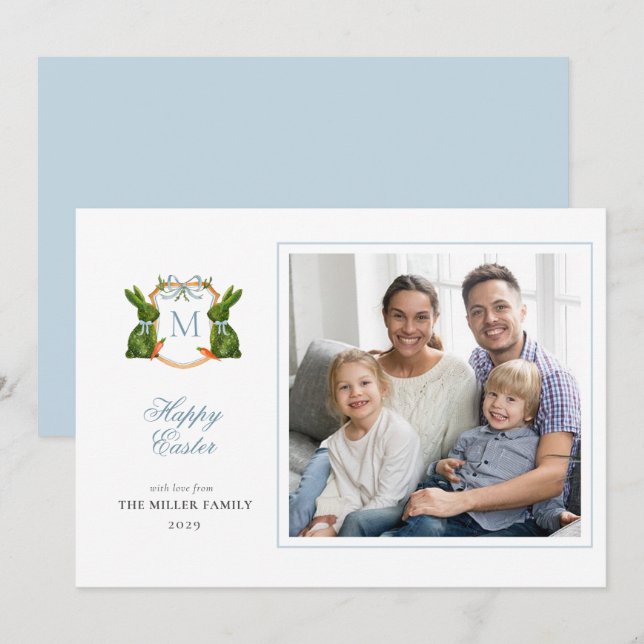 Cartes Pour Fêtes Annuelles Topiary Bunny Monogramme Photos de Pâques (Devant / Derrière)