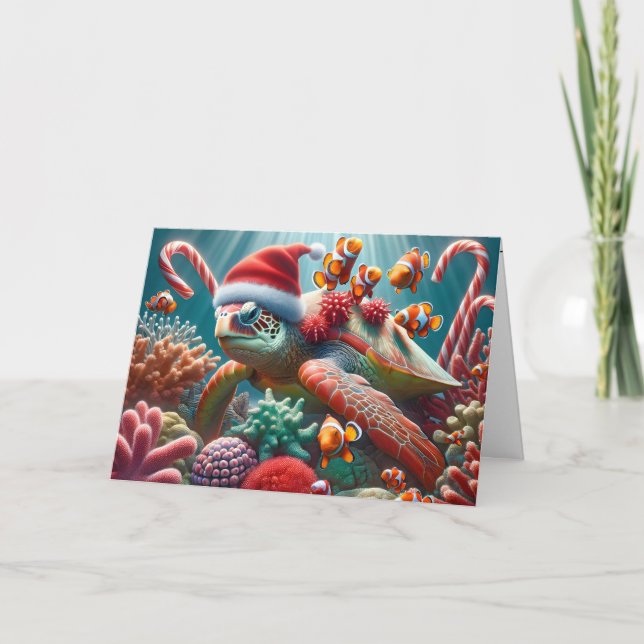 Cartes Pour Fêtes Annuelles Tortue de mer avec Casquette de Noël (Devant)