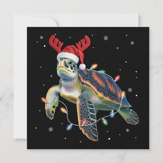 Cartes Pour Fêtes Annuelles Tortue de mer lumières de Noël drôle chapeau de Pè (Devant)