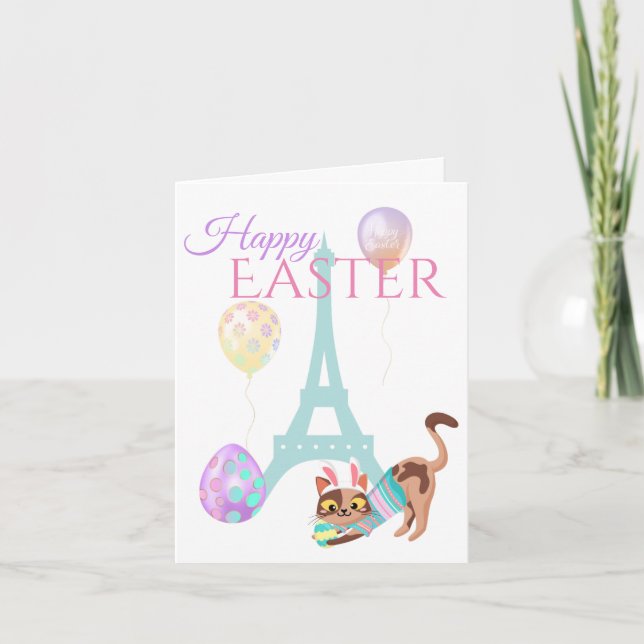 Cartes Pour Fêtes Annuelles Tour Eiffel de Pâques et ballons Pastel Chat (Devant)