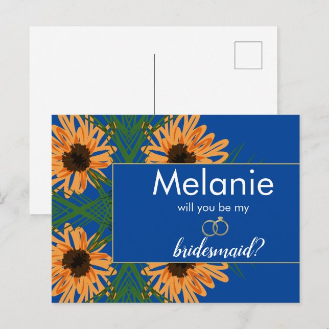 Cartes Pour Fêtes Annuelles Tournesol Main Tirée Blue Bridesmaid Proposition (Devant / Derrière)