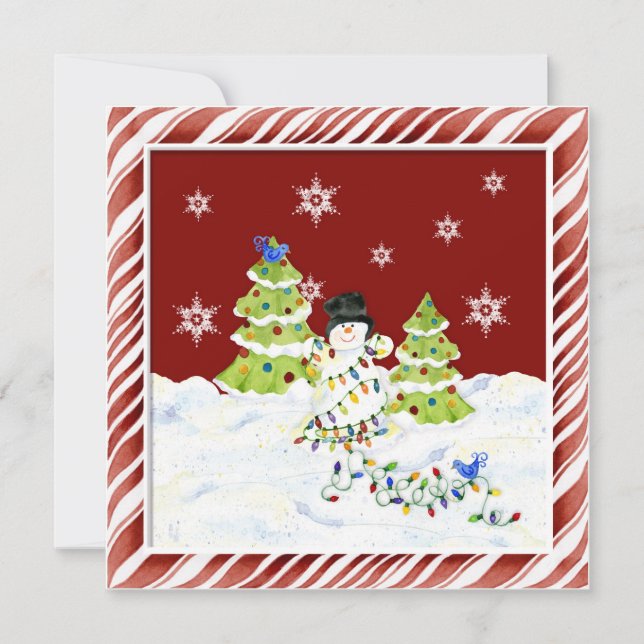 Cartes Pour Fêtes Annuelles Tout enchevêtré, Snowman aux lumières des arbres d (Devant)