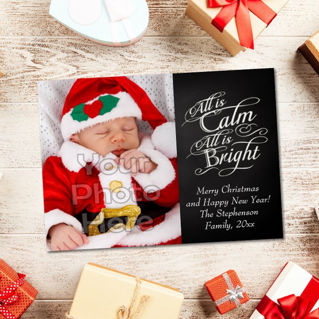 Cartes Pour Fêtes Annuelles Tout est calme et lumineux Chalkboard Noël Photo (Créateur téléchargé)