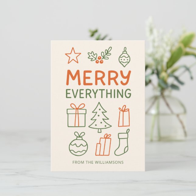 Cartes Pour Fêtes Annuelles Tout Joyeux Dessin Red Green Doodle avec Nom (Debout devant)