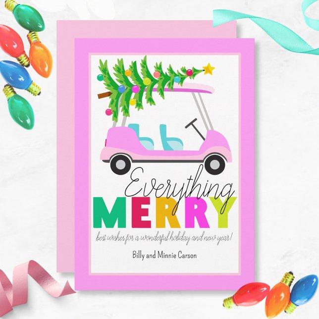 Cartes Pour Fêtes Annuelles Tout Joyeux Panier de golf rose Arbre de Noël (Bright fun festive holiday pink golf cart greeting with a Christmas tree on top.)