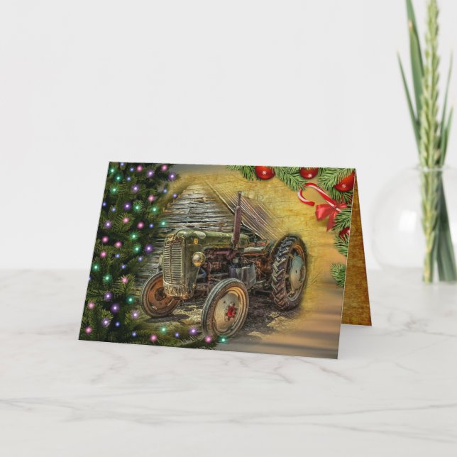 Cartes Pour Fêtes Annuelles Tracteur agricole de Noël avec arbre de Noël (Devant)
