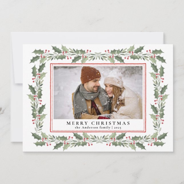 Cartes Pour Fêtes Annuelles Traditional Christmas Holly Berries & Family Photo (Devant)