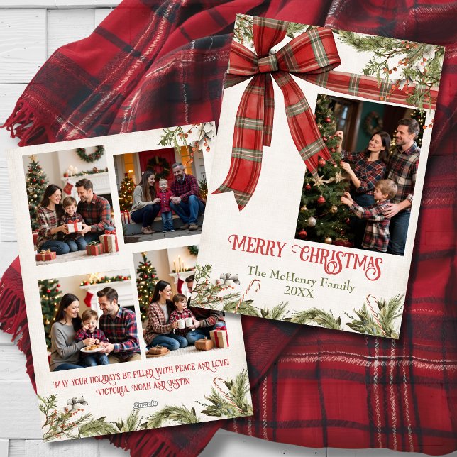 Cartes Pour Fêtes Annuelles Traditional Plaid Red Bow Christmas 5 Photos (Créateur téléchargé)