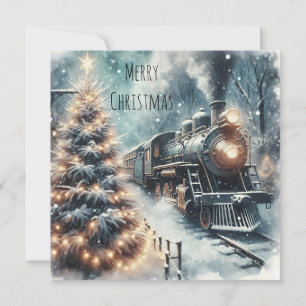 Cartes Pour Fêtes Annuelles Train à l'ancienne et scène hivernale vintage