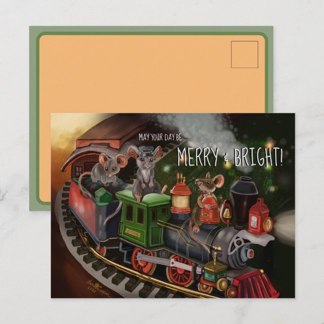 Cartes Pour Fêtes Annuelles Train de vacances de la Souris joyeuse   (Devant / Derrière)