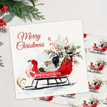 Traîneau de Noël à l'aquarelle Rouge Verdure Fêtes