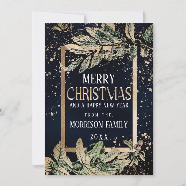 Cartes Pour Fêtes Annuelles Trendy Gold Splatter Foliage Marine Bleu Noël (Devant)