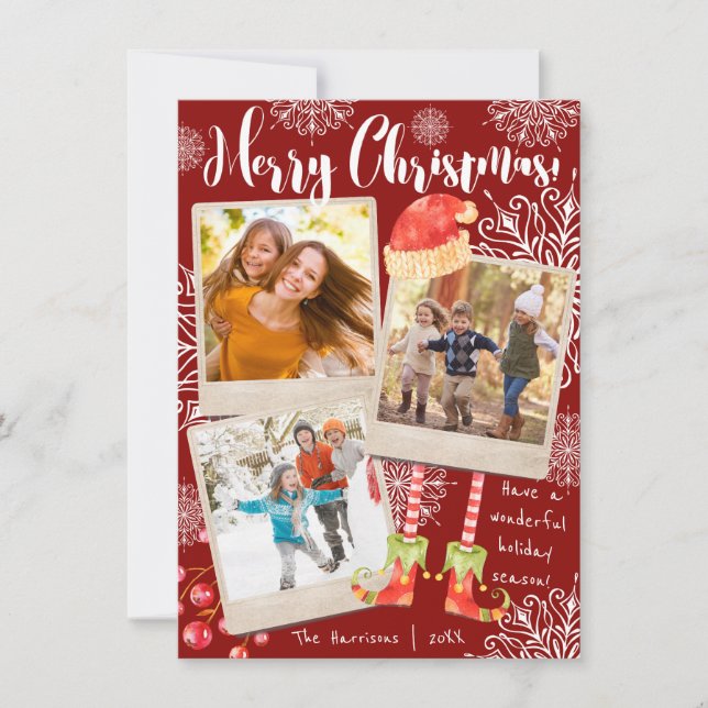 Cartes Pour Fêtes Annuelles Triple Photo Rouge & Blanc Noël | Personnalisé (Devant)
