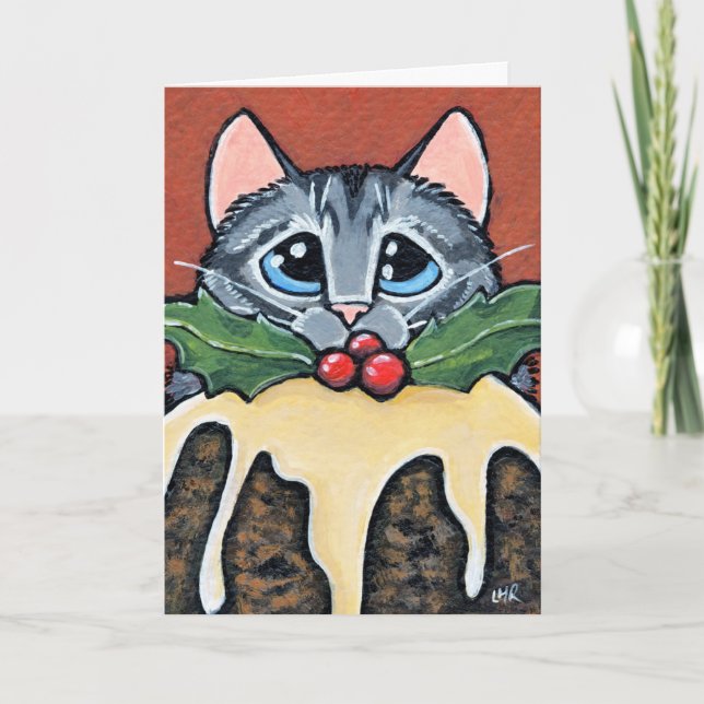 Cartes Pour Fêtes Annuelles Triste Tabby Chat et Pudding de Noël Peinture (Devant)