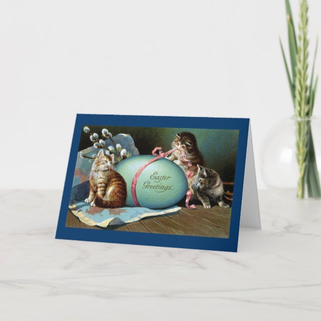 Cartes Pour Fêtes Annuelles Trois chats et gros oeuf de Pâques bleu (Devant)