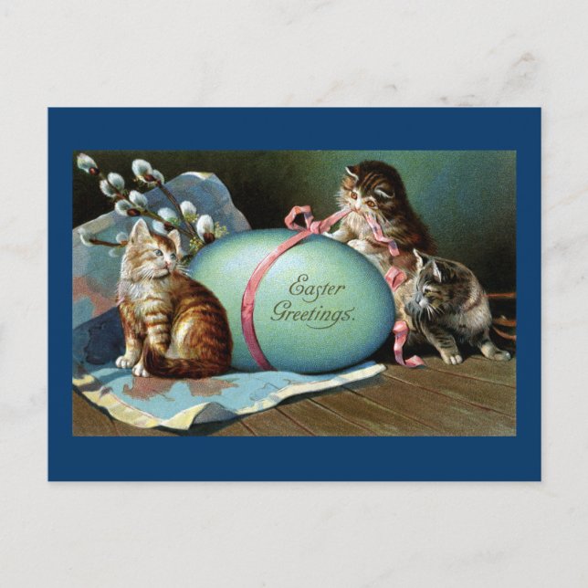 Cartes Pour Fêtes Annuelles Trois chats et gros oeuf de Pâques bleu (Devant)