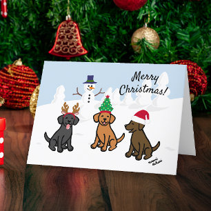 Cartes Pour Fêtes Annuelles Trois Labradors et Noël Snowman