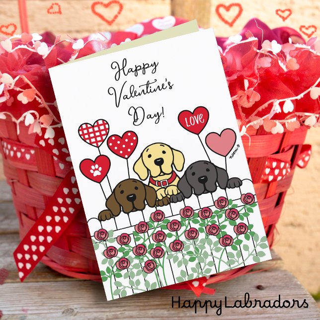 Cartes Pour Fêtes Annuelles Trois Labradors regardent Valentine Roses (Three Labrador Watching Valentine Day card for Labrador Owners.  Cute Cartoon design with roses.)