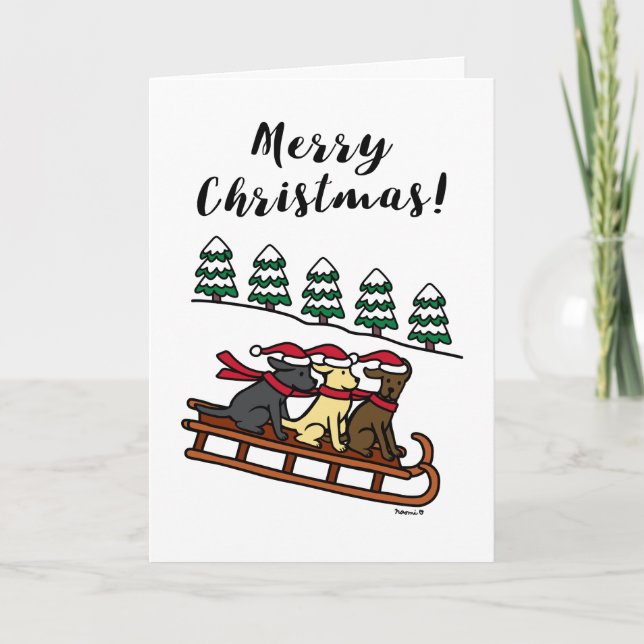 Cartes Pour Fêtes Annuelles Trois Labradors Sled Sliding Joyeux Noël (Devant)