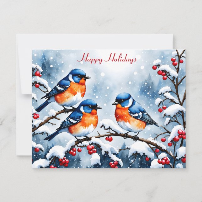 Cartes Pour Fêtes Annuelles Trois petits oiseaux chanteurs et des baies rouges (Devant)