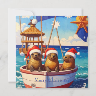 Cartes Pour Fêtes Annuelles Trois phoques avec des chapeaux de Père Noël Joyeu