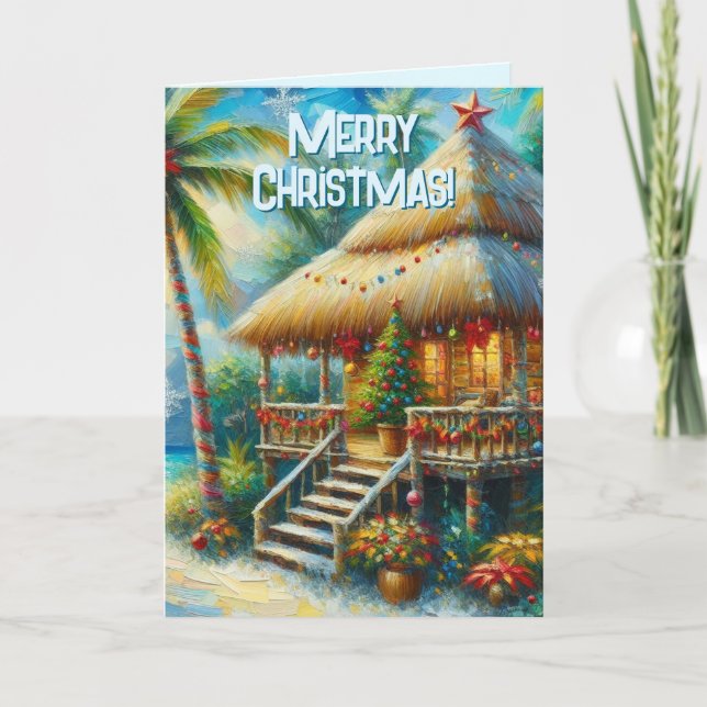 Cartes Pour Fêtes Annuelles Tropical Hut Arbre de Noël Palmier Plage Lumières  (Devant)