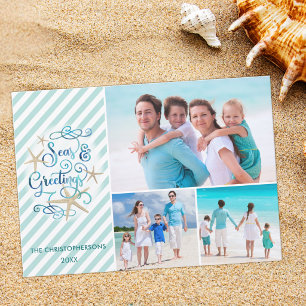 Cartes Pour Fêtes Annuelles Tropical or Nautical SEAsons Greetings   Stripe