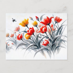 Cartes Pour Fêtes Annuelles Tulipes rouges et blanches Peinture d'encre asiati