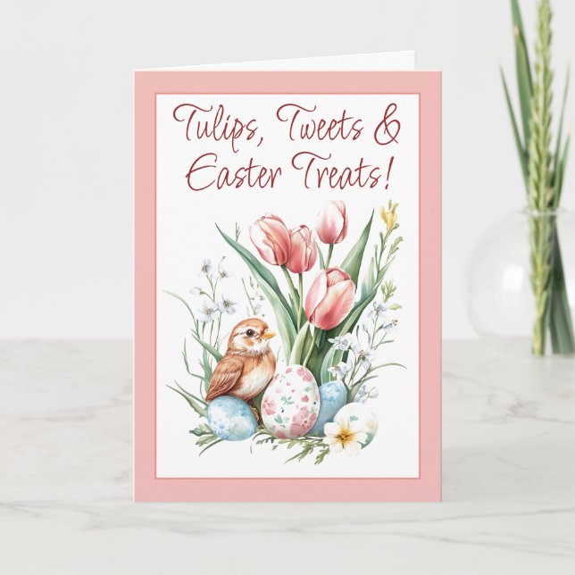 Cartes Pour Fêtes Annuelles Tulipes, Tweets & Traitements de Pâques Plier Rose (Devant)