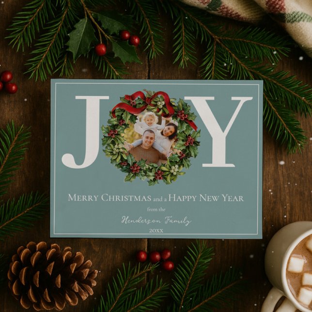 Cartes Pour Fêtes Annuelles Turquoise Joie Noël Wreath Photo (Teal Joy Christmas Wreath Photo Holiday Card)