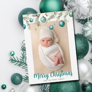 Cartes Pour Fêtes Annuelles Turquoise Joyeux ornements de Noël Photo verticale