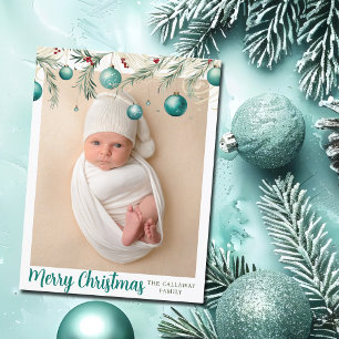Cartes Pour Fêtes Annuelles Turquoise Joyeux ornements de Noël Photo verticale
